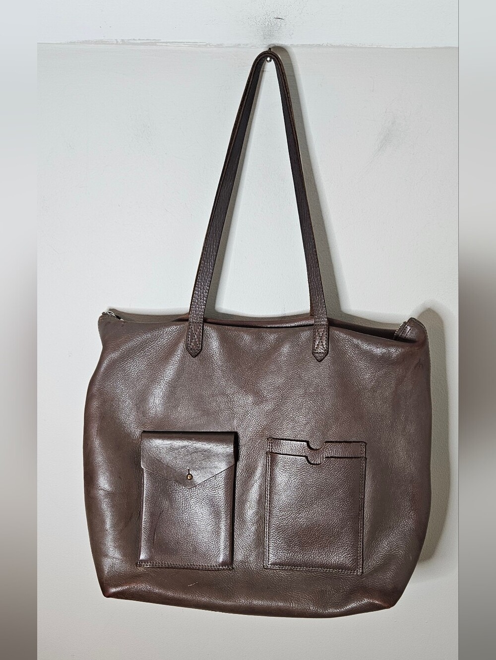 Madewell Transport Satchel Tote Brown Leather Outer Pockets Zipper Top